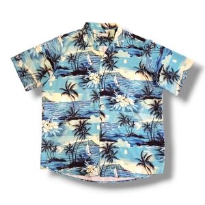 Hawaiian Vaction Luxury‎ Button Up Shirt Men's Size XL Palm Tree Island Sailboat